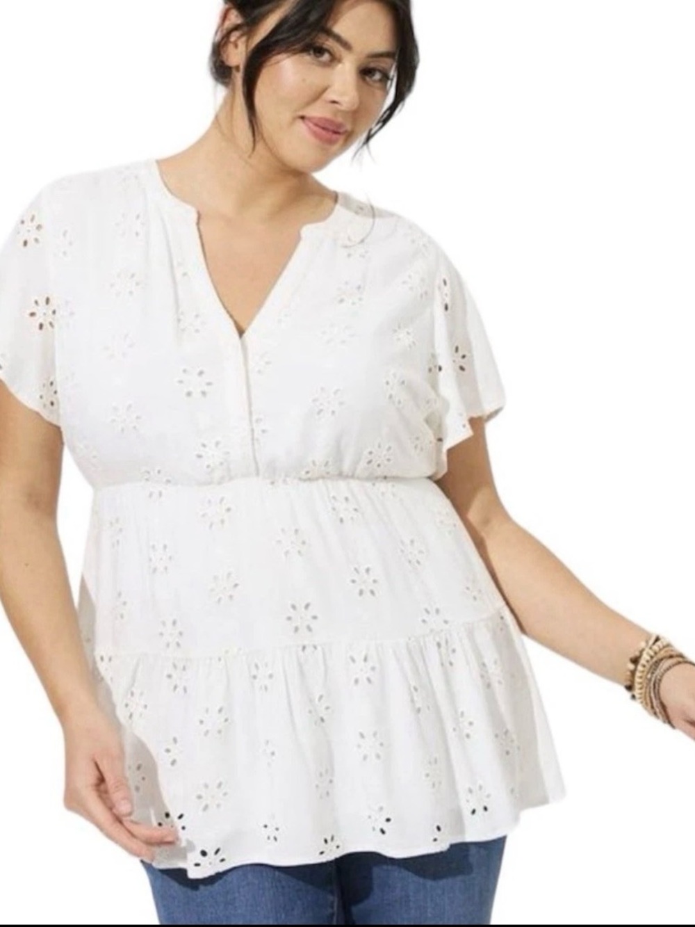 Torrid Women' s White‎ Baby Doll Eyelet Tiered V Neck Lined Tunic Top Size 6X